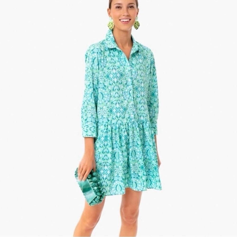TUCKERNUCK Aqua Blue Green Tile Printed 3/4 Sleeves Mykonos Hayes Shirt Dress S
